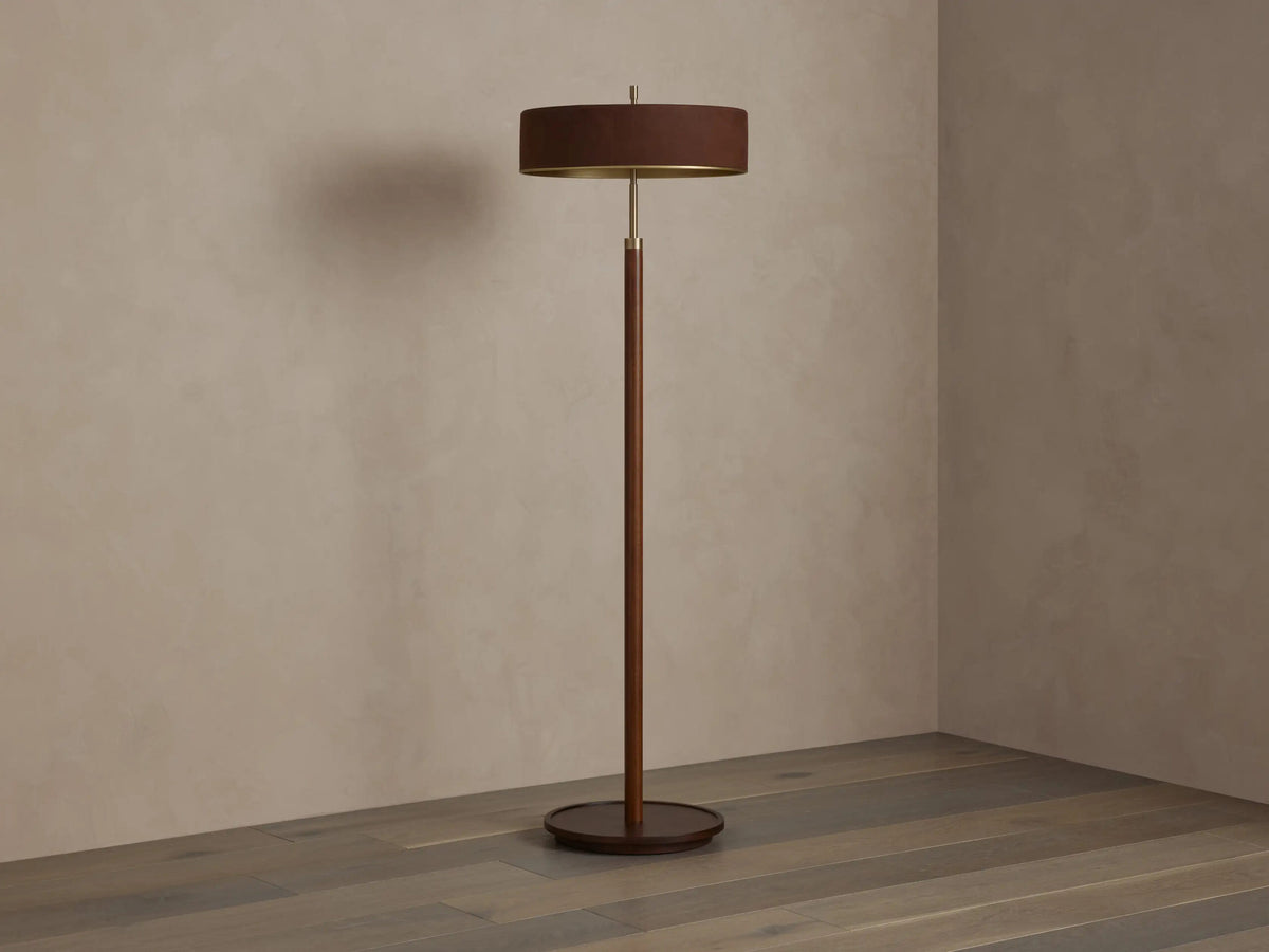 Anakin Wood Floor Lamp with Brass and Leather Shade