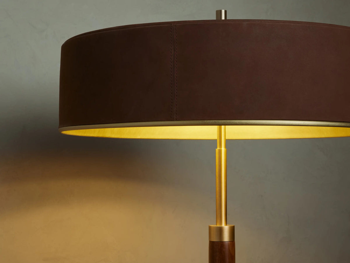 Anakin Wood Floor Lamp with Brass and Leather Shade