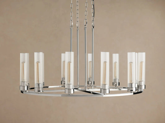 Nickel Chandelier 12 Light Round Glass Shade Fixture — product view 2