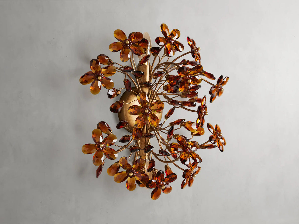 Fiore Floral Brass Sconce with Amber Glass