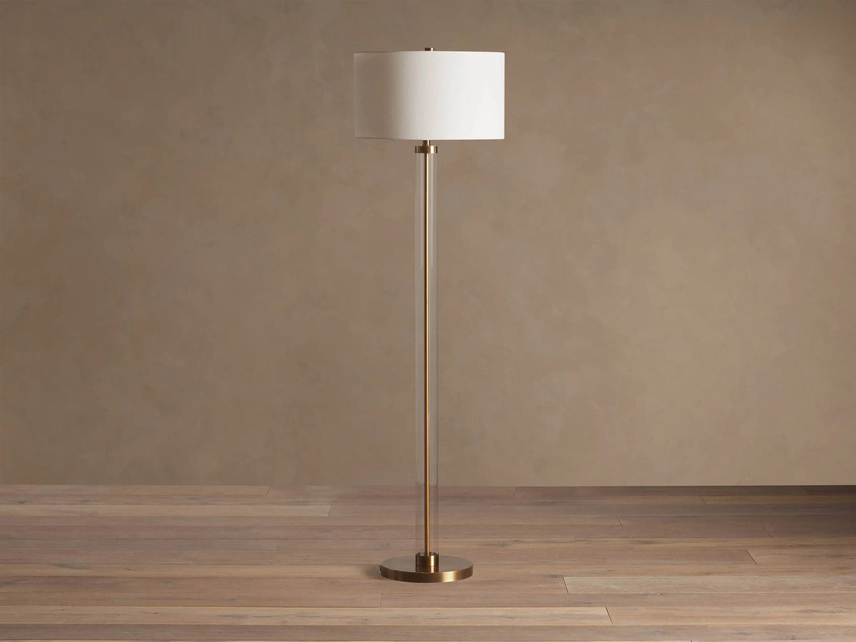 Glass Floor Lamp with Brass Base and Linen Shade