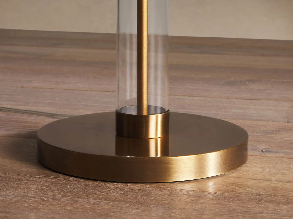 Glass Floor Lamp with Brass Base and Linen Shade