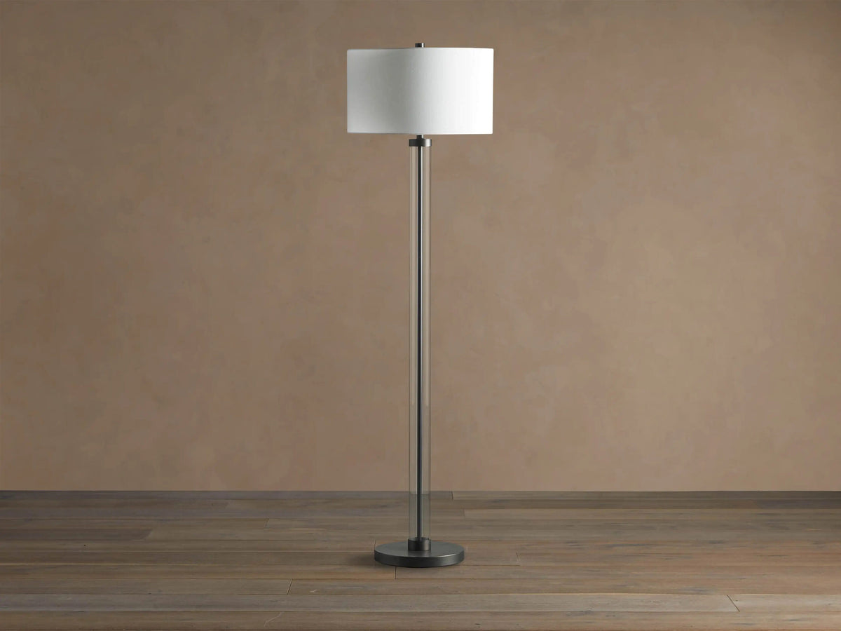 Glass Floor Lamp with Brass Base and Linen Shade — product view 5
