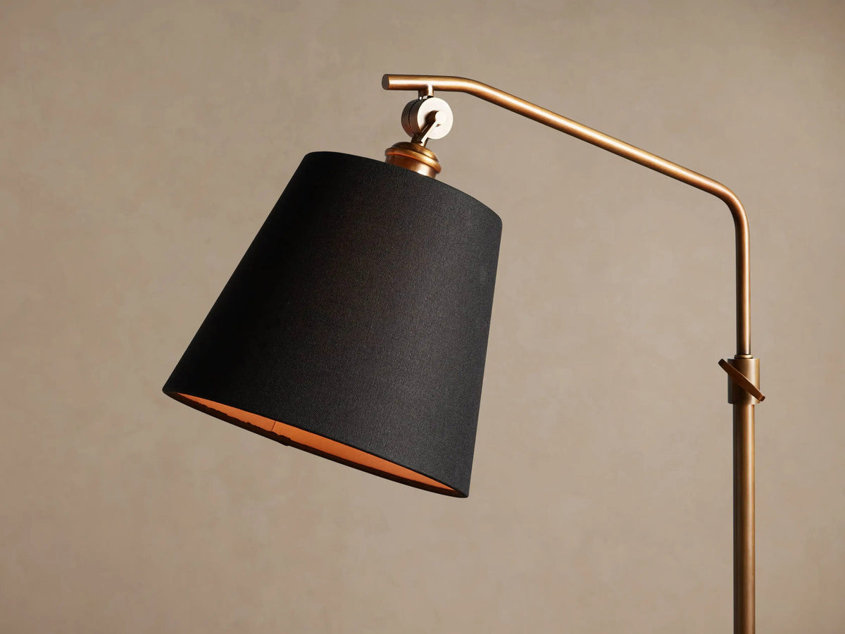 Brass Floor Lamp with Antiqued Finish and Black Shade