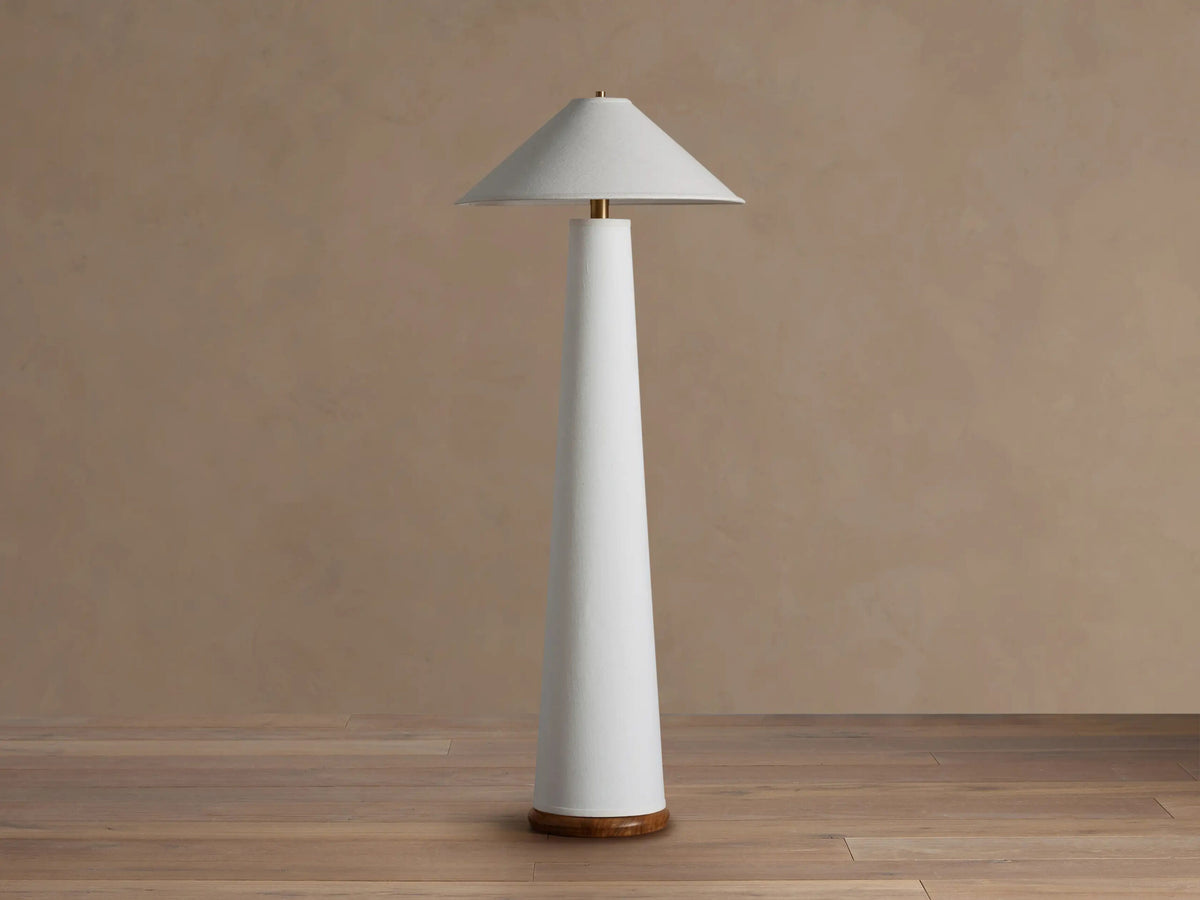 Ombra Linen Floor Lamp with Teak and Brass Accents