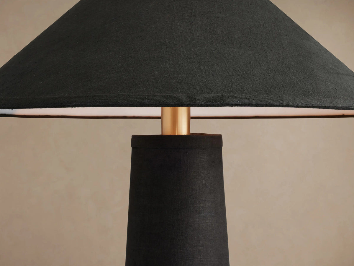 Ombra Linen Floor Lamp with Teak and Brass Accents — product view 9