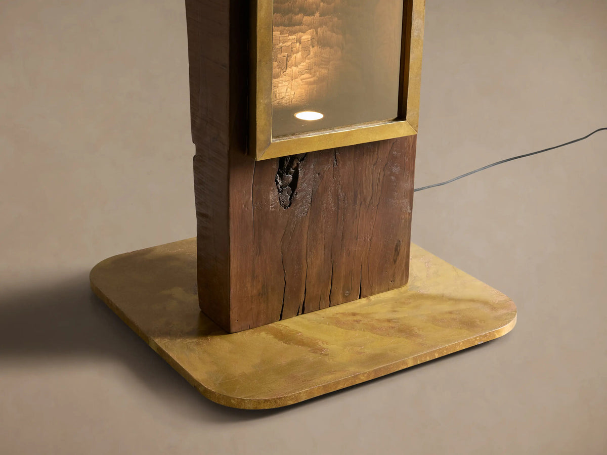 Wood Floor Lamp 100 Inch with Brass and Mirrored Glass