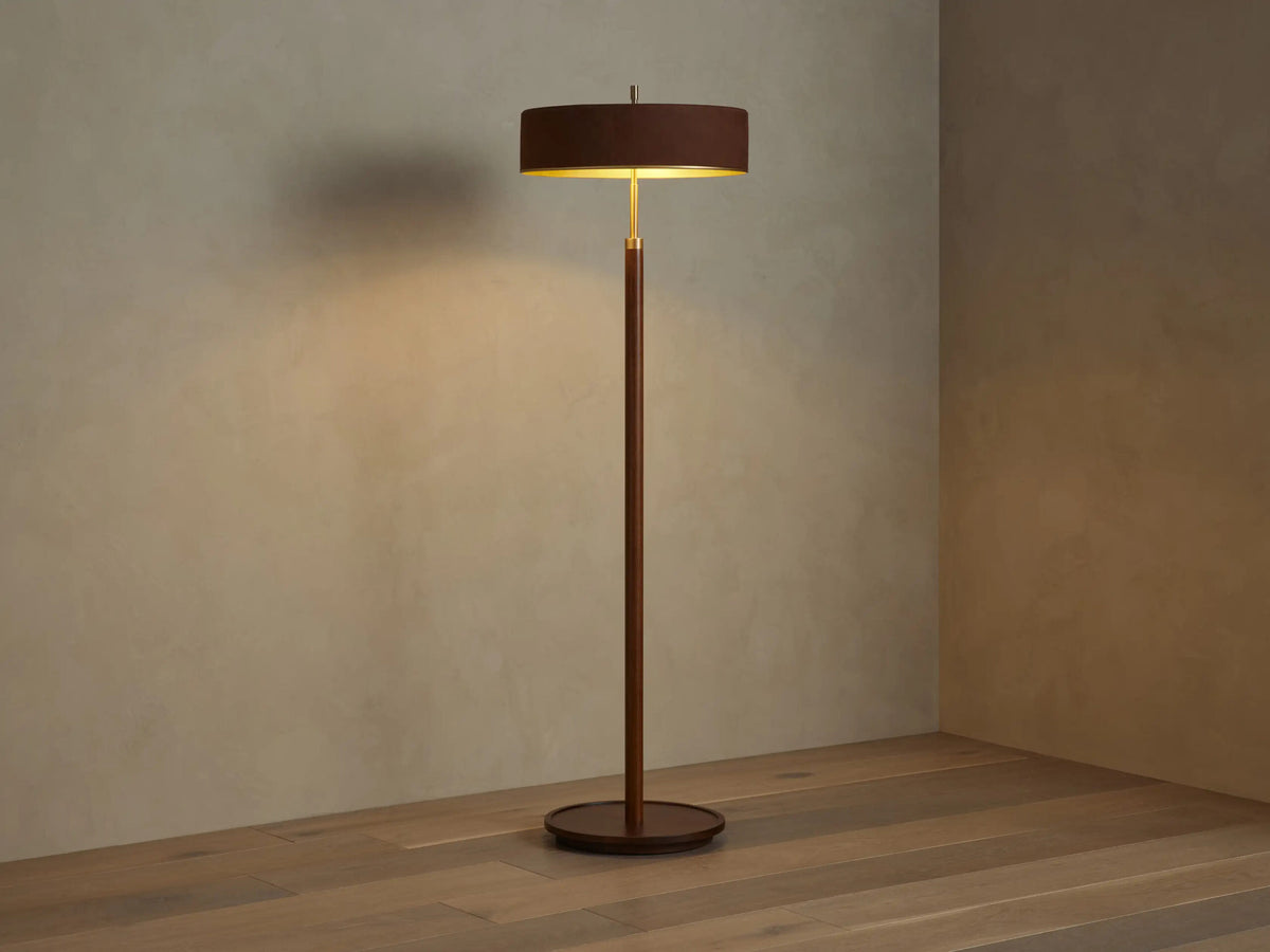 Anakin Wood Floor Lamp with Brass and Leather Shade — product view 1