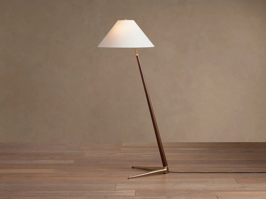 Edric Midcentury Wood Lamp with Linen Shade — product view 1
