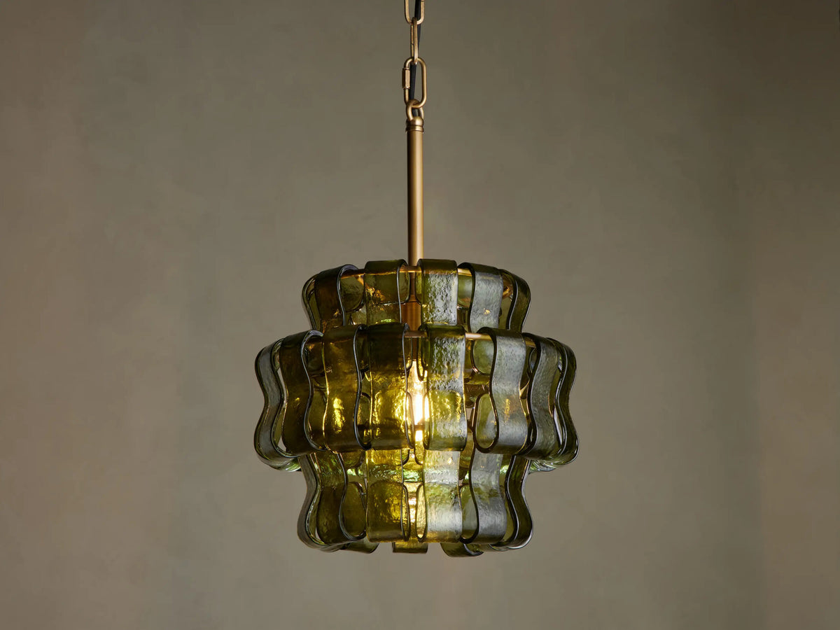 Ghiaccio Glass Modern Pendant in Green and Brass — product view 1