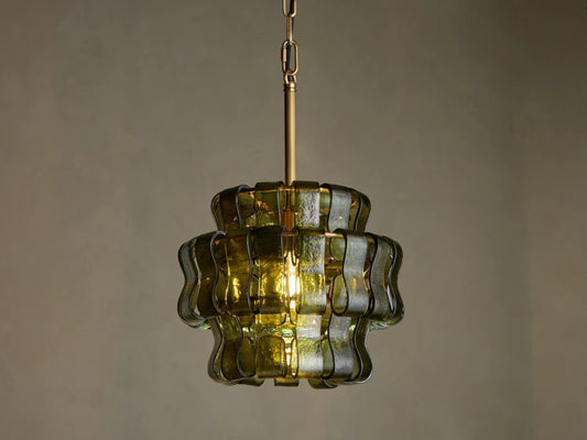 Ghiaccio Glass Modern Pendant in Green and Brass — product view 1