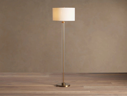 Glass Floor Lamp with Brass Base and Linen Shade — product view 1