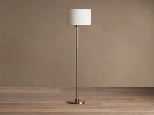 Glass Floor Lamp with Brass Base and Linen Shade — product view 2
