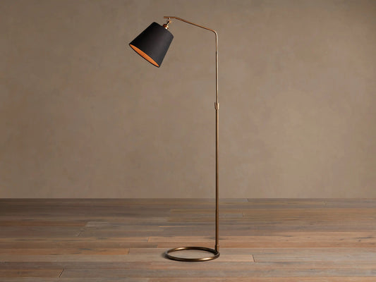 Brass Floor Lamp with Antiqued Finish and Black Shade — product view 1