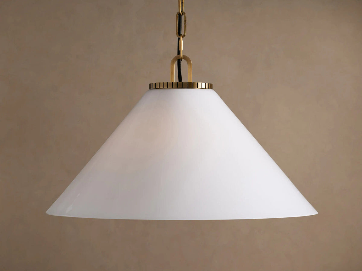 Brass Cone Pendant with Milk Glass Shade and Chain — product view 1