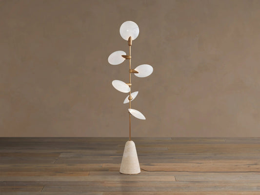 Lyla Glass Floor Lamp with Brass Finish and Travertine Base — product view 1