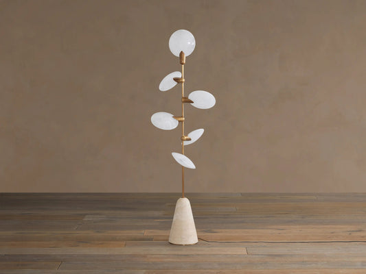 Lyla Glass Floor Lamp with Brass Finish and Travertine Base — product view 2