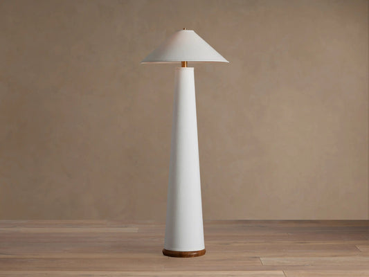 Ombra Linen Floor Lamp with Teak and Brass Accents — product view 1