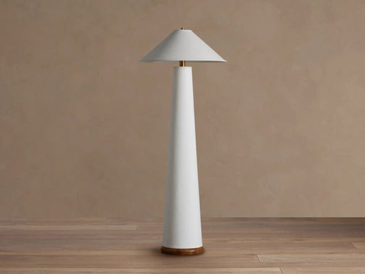 Ombra Linen Floor Lamp with Teak and Brass Accents — product view 2