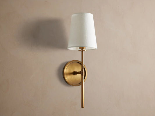 Modern Brass Sconce with Linen Shade — product view 2