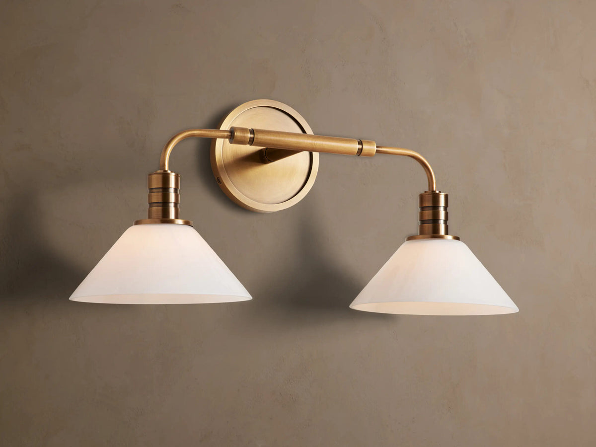 Theron Brass Modern Sconce with Milk Glass Shades — product view 1