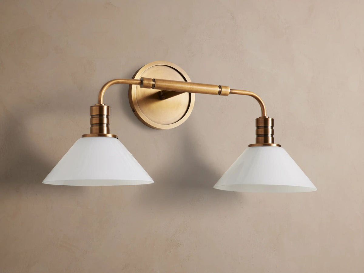 Theron Brass Modern Sconce with Milk Glass Shades — product view 2